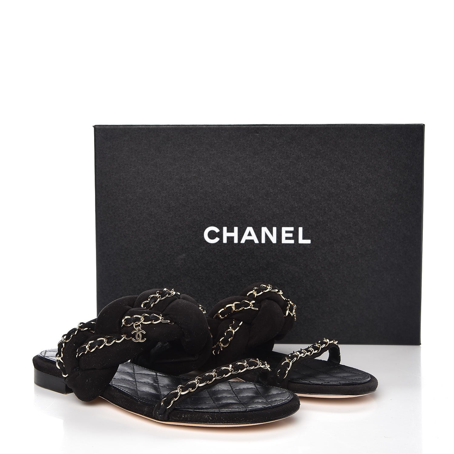 Chanel Kid Suede Braided Chain CC Slide Flat Sandals 35 Black 9 of 9