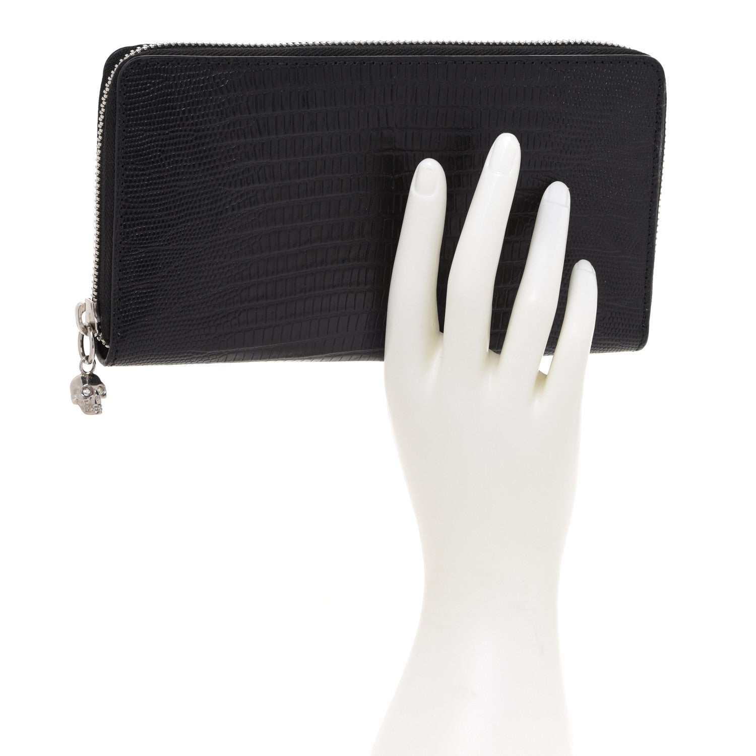 Alexander McQueen Calfskin Lizard Embossed Skull Continental Zip Wallet Black 2 of 7