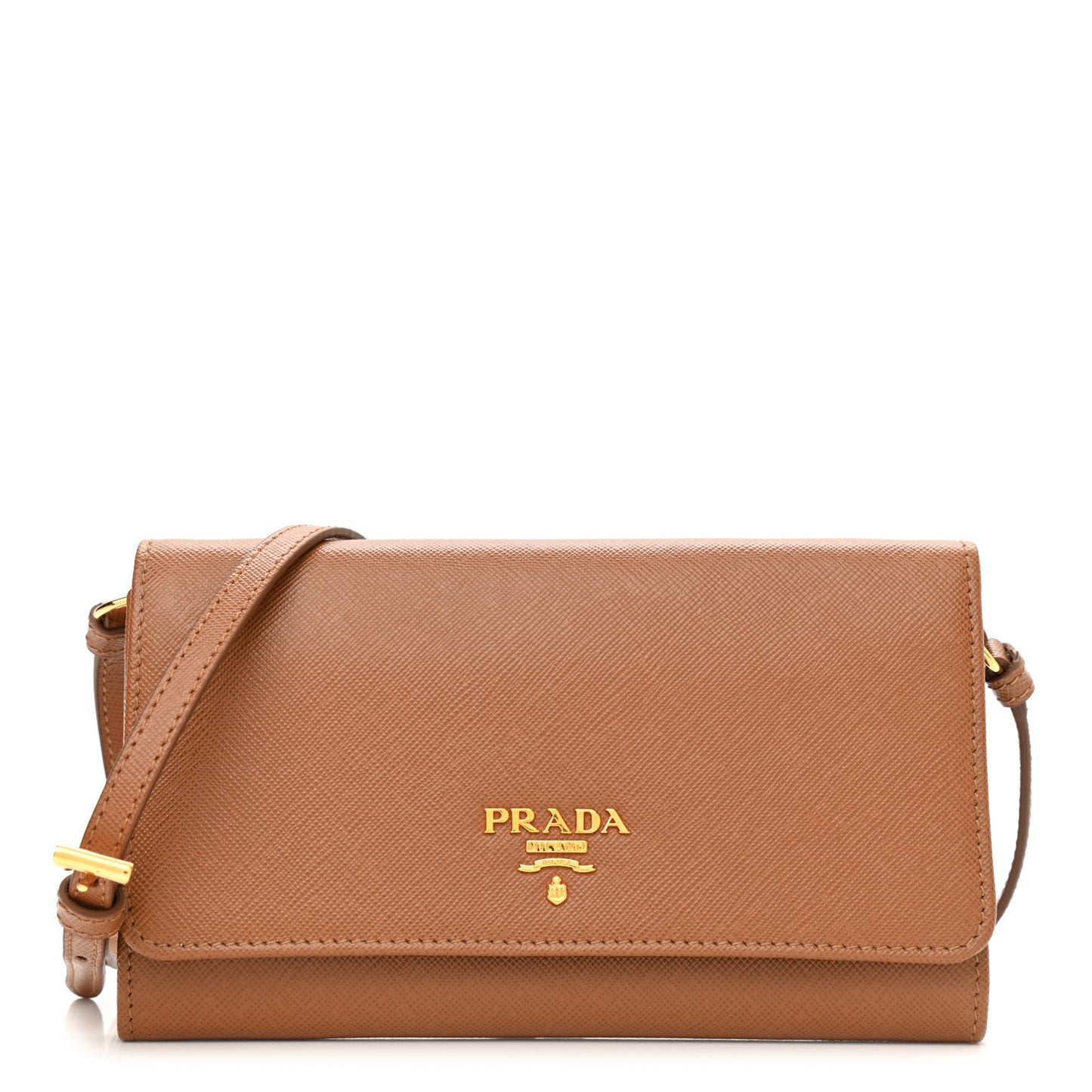 Saffiano Metal Flap Wallet With Strap Caramel