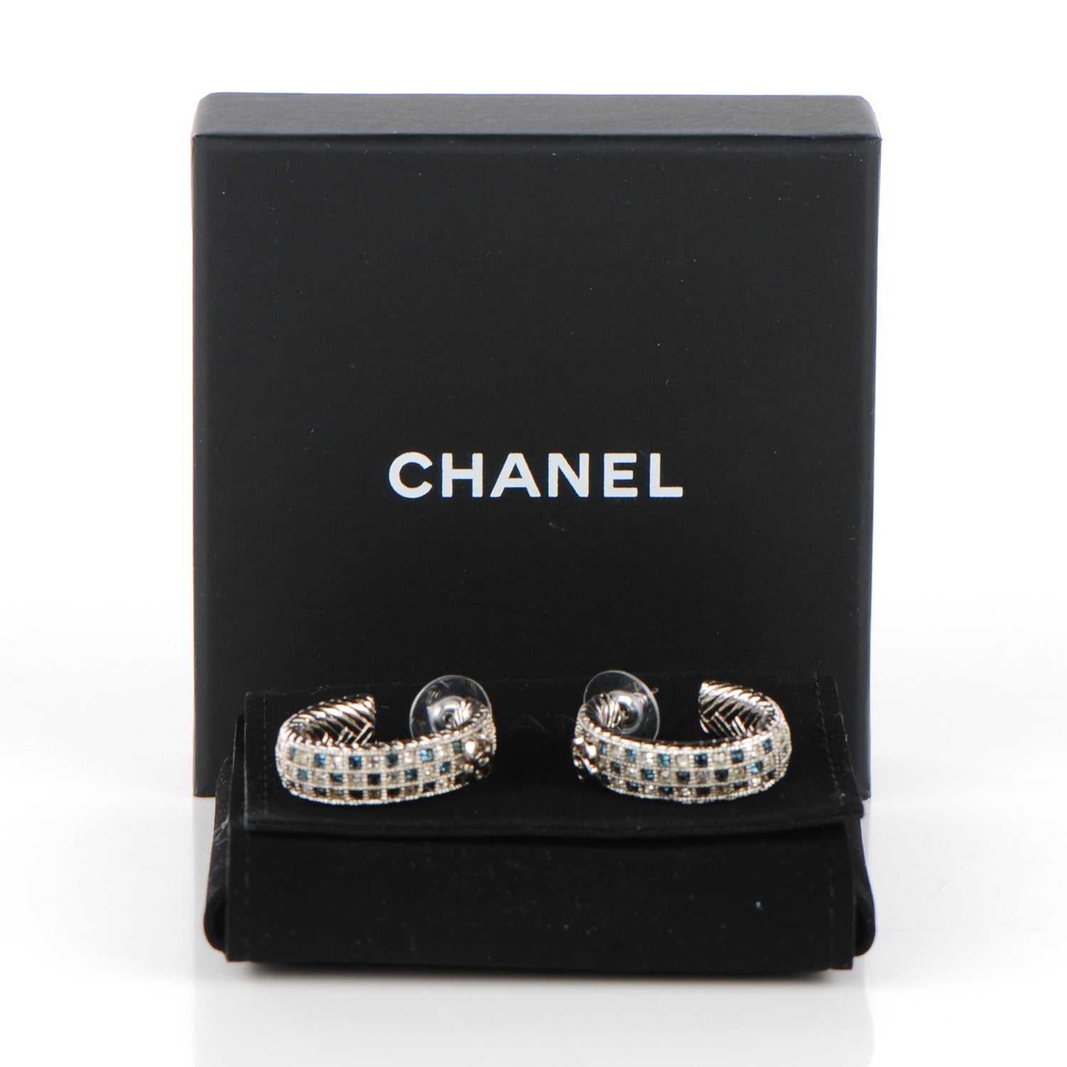 Chanel Crystal CC Hoop Earrings Silver Blue 4 of 6