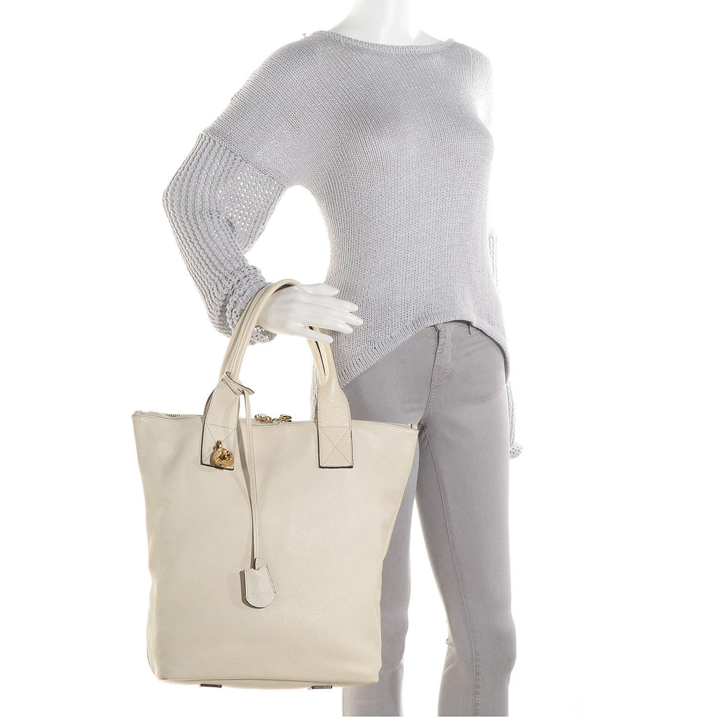Pebbled Calfskin North South Skull Padlock Tote Bone