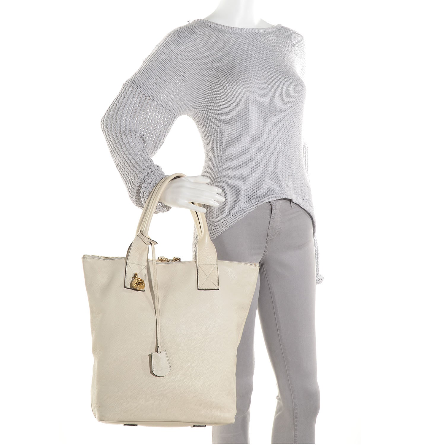 Alexander McQueen Pebbled Calfskin North South Skull Padlock Tote Bone 2 of 8