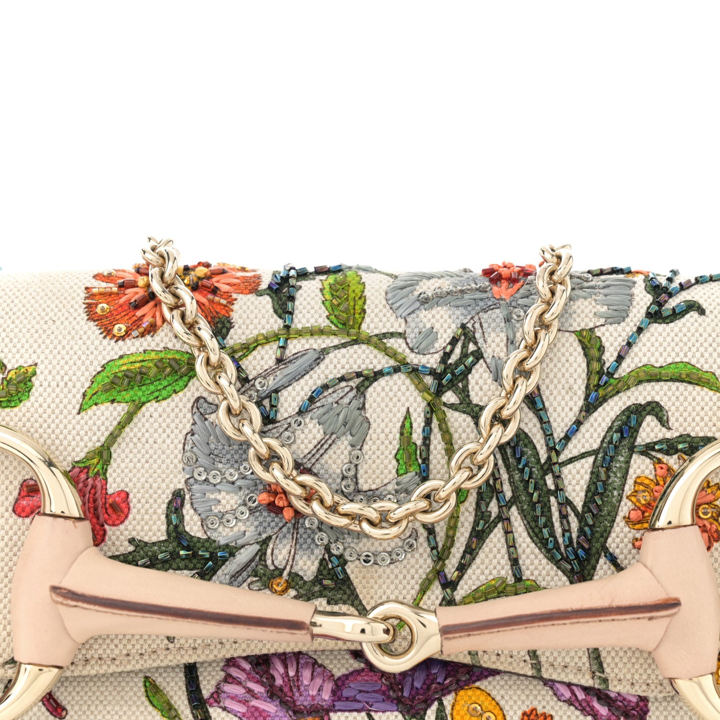 Canvas Flora Floral Beaded Small Horsebit Chain Clutch White Multicolor