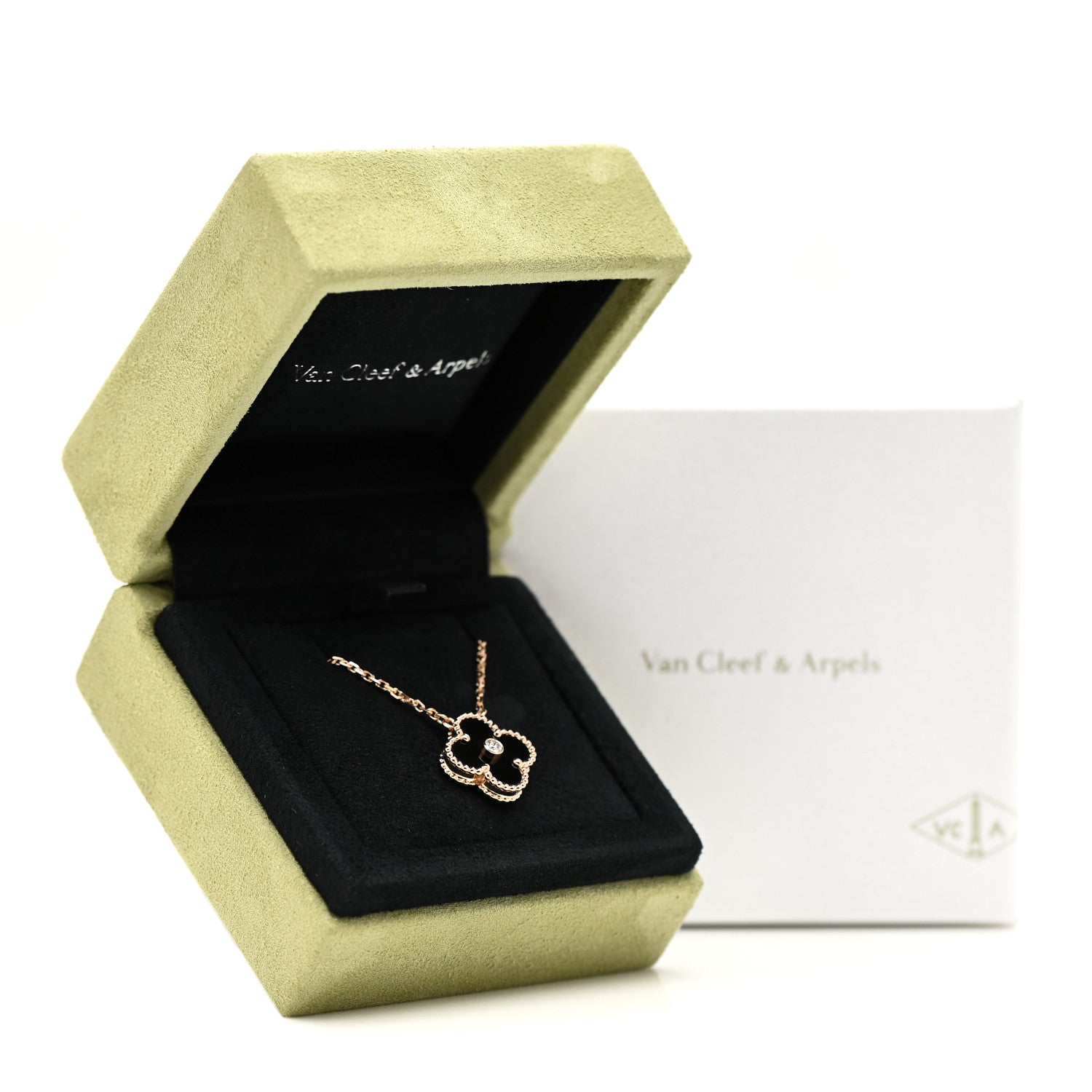 Van Cleef & Arpels 18K Rose Gold Diamond Black Onyx Vintage Alhambra Pendant Necklace 7 of 7