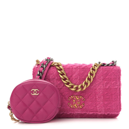 Chanel Wool Tweed Lambskin Quilted Chanel 19 Wallet On Chain WOC and Coin Purse Fuchsia 1 of 13