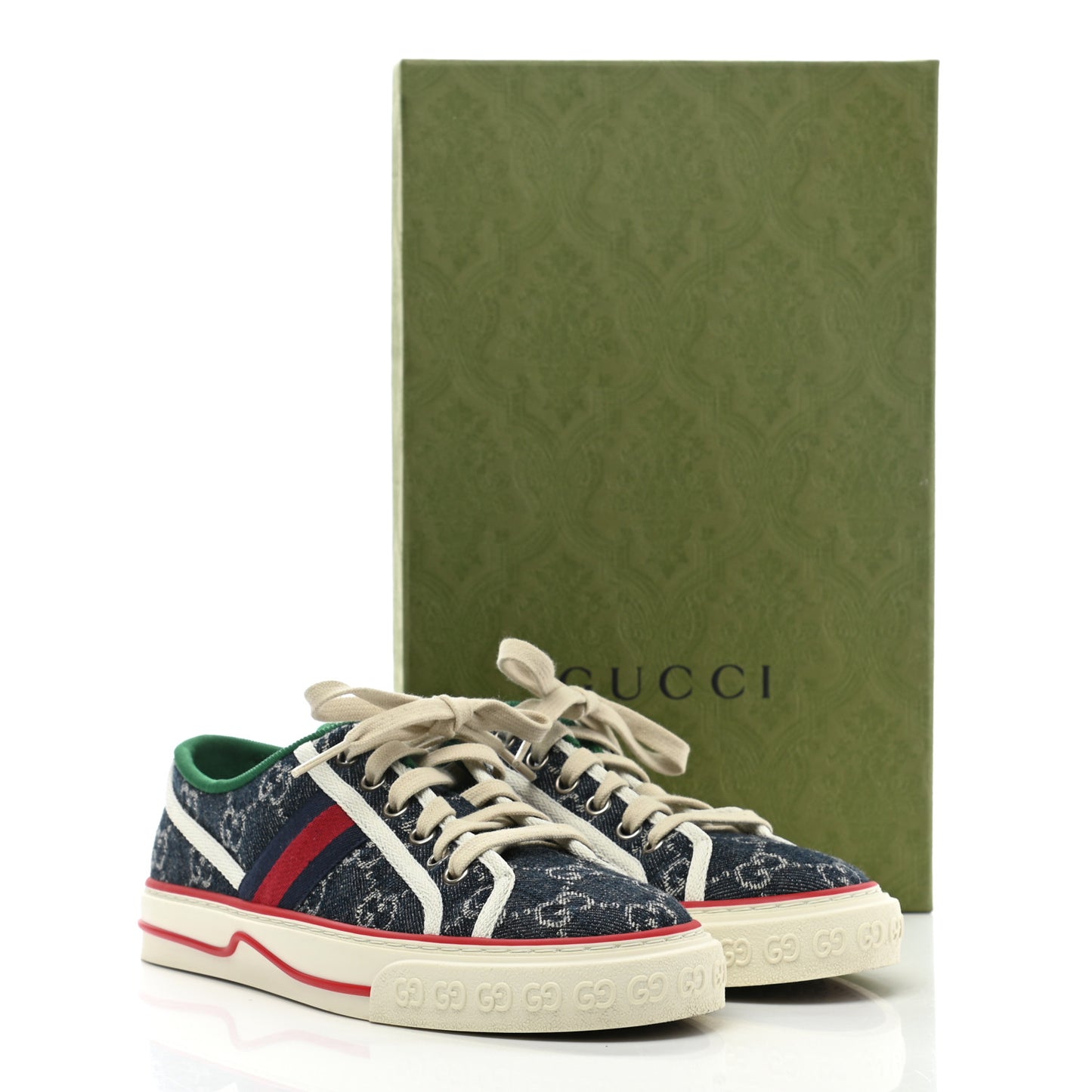 New Denim GG Monogram Web Womens 1977 Tennis Sneakers 37 Blue Tea Mystic White
