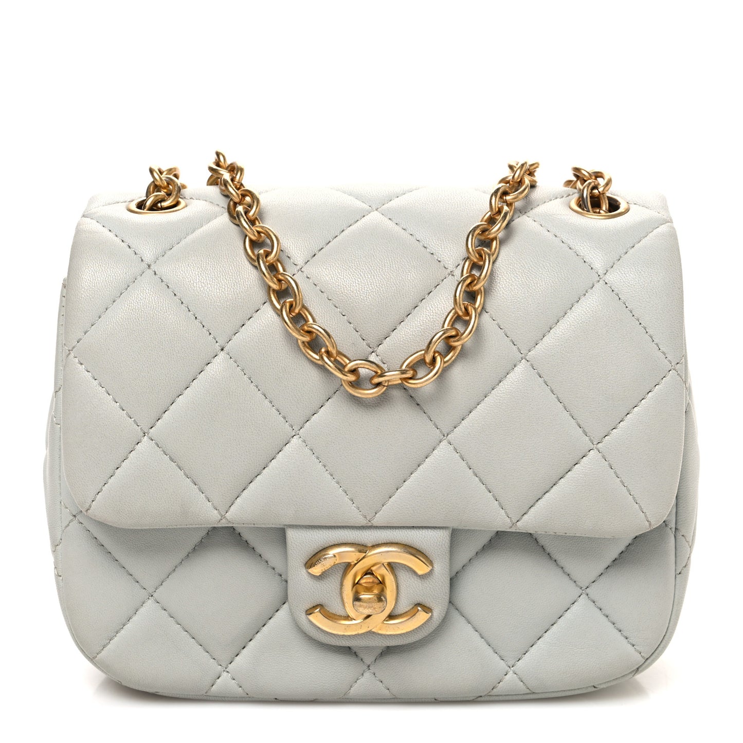 Lambskin Enamel Pearl Quilted Mini Charm Me Square Flap Light Blue
