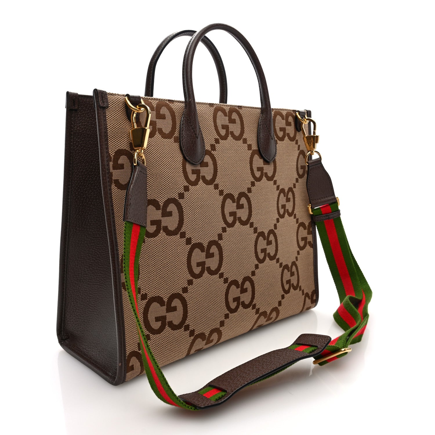 Gucci Monogram Jumbo GG Textured Dollar Calfskin Web Tote Bag Camel Ebony New Acero 3 of 9