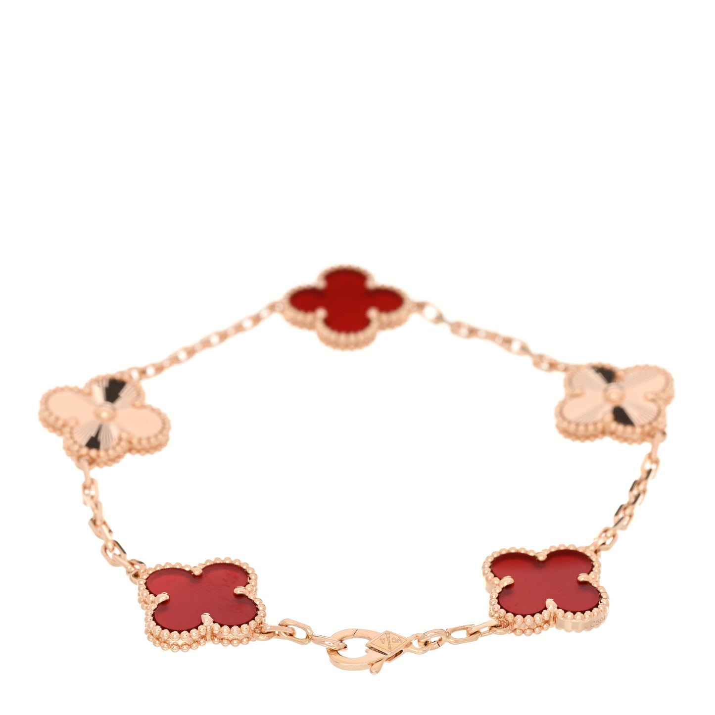 18K Rose Gold Carnelian 5 Motifs Guilloche Vintage Alhambra Bracelet