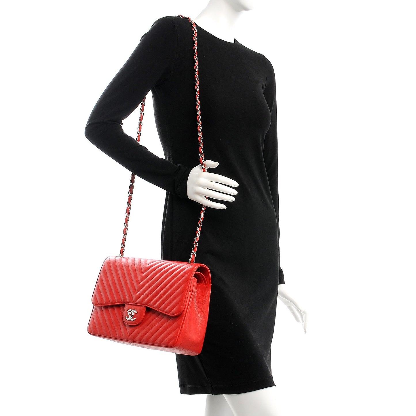 Caviar Chevron Quilted Jumbo Double Flap Red