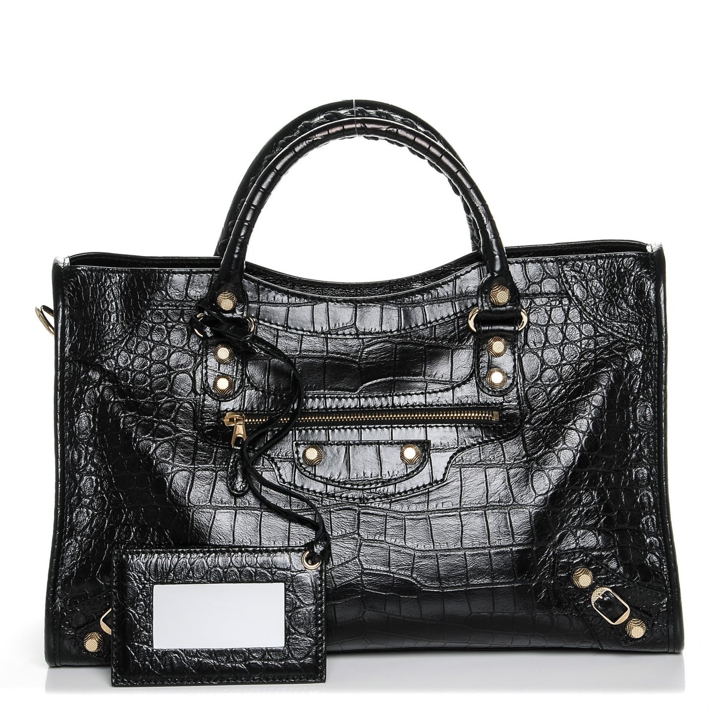 Calfskin Crocodile Embossed Giant 12 Gold Hardware City Black