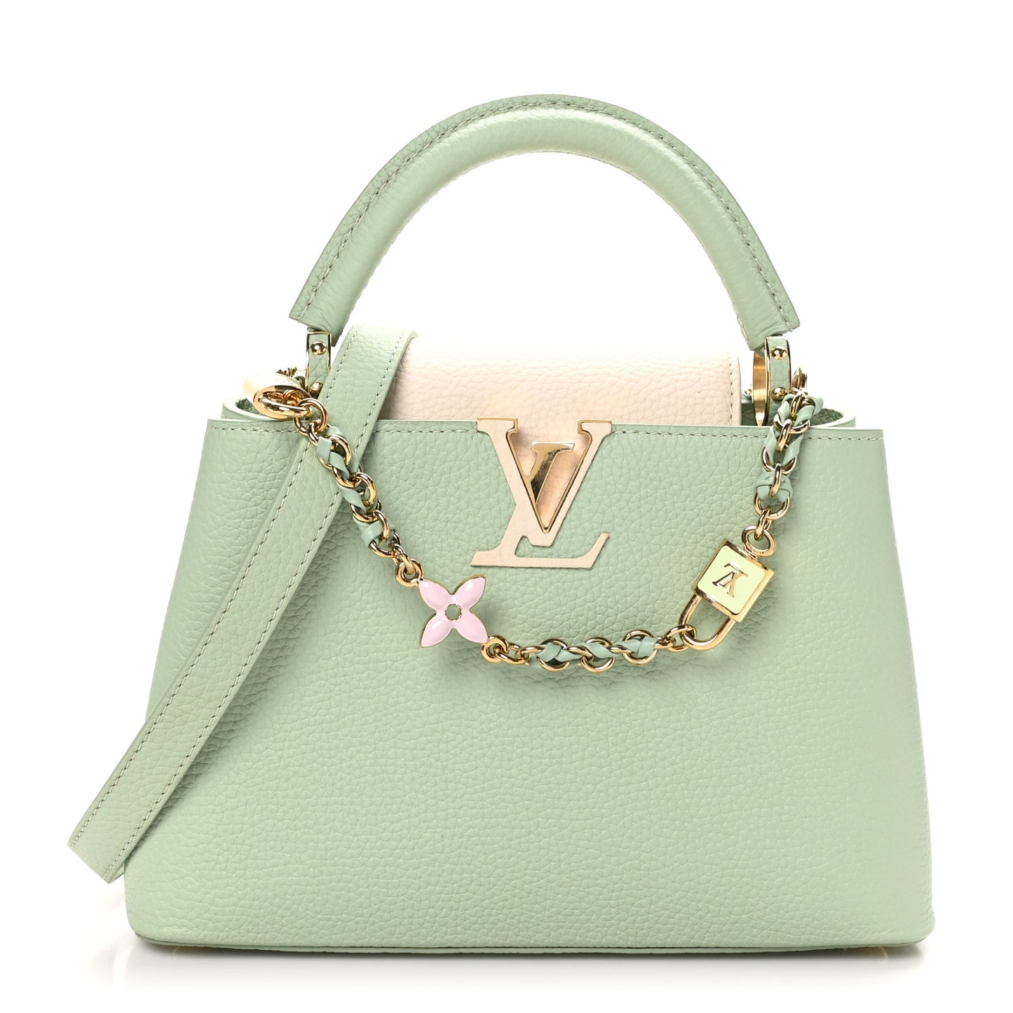 Taurillon Enamel Flower Padlock Chain Capucines BB Jade Green