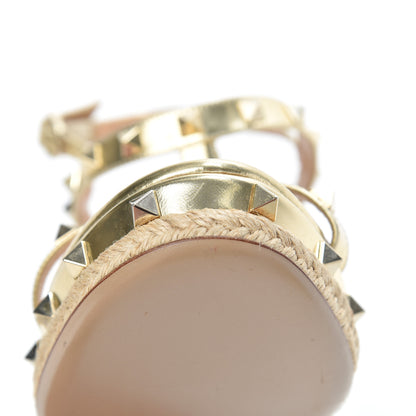 Valentino Garavani Metallic Calfskin Raffia Rockstud T-Strap Slingback Espadrille Wedge Sandals 39 Gold 10 of 21