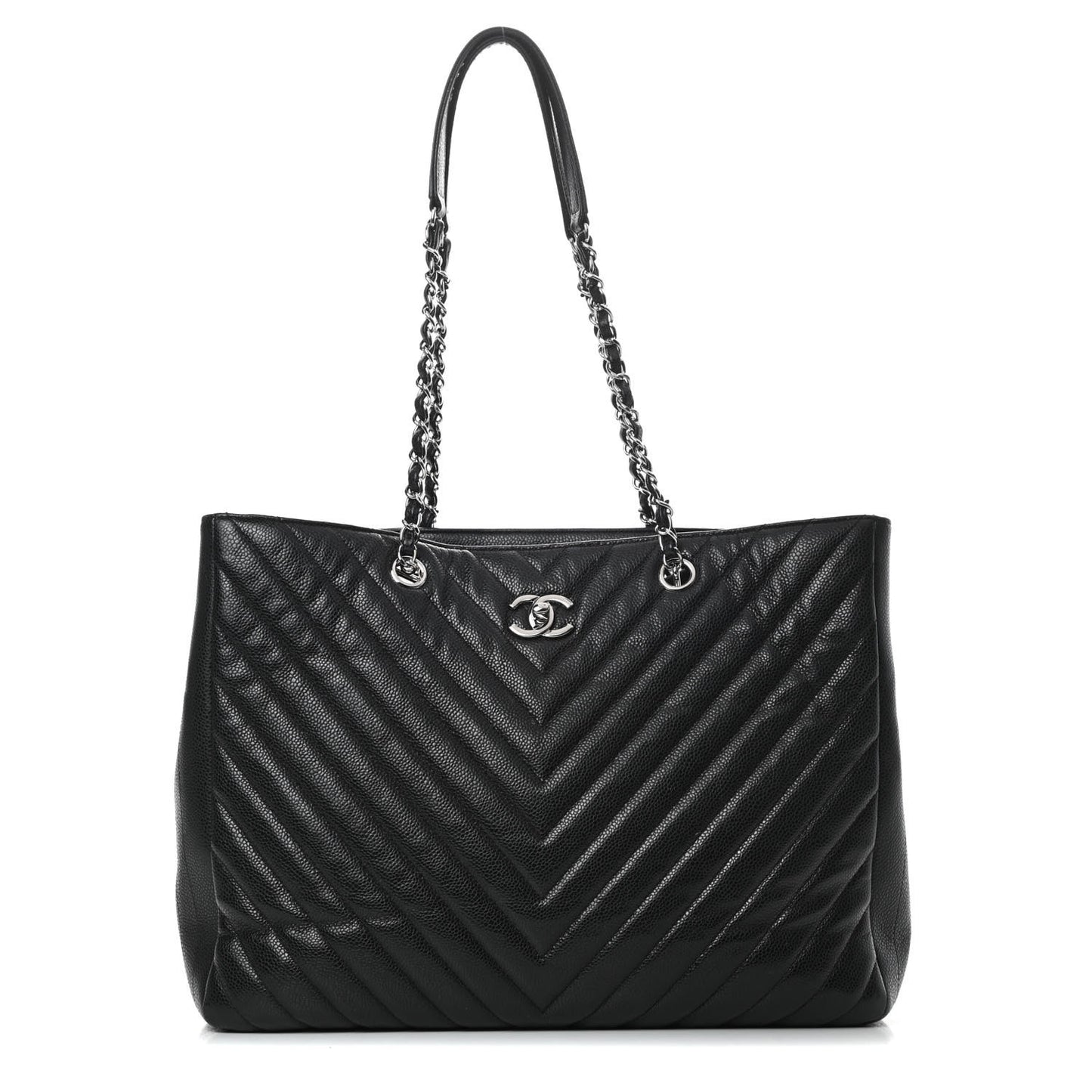 Caviar Chevron Quilted Large Shopping Tote Black