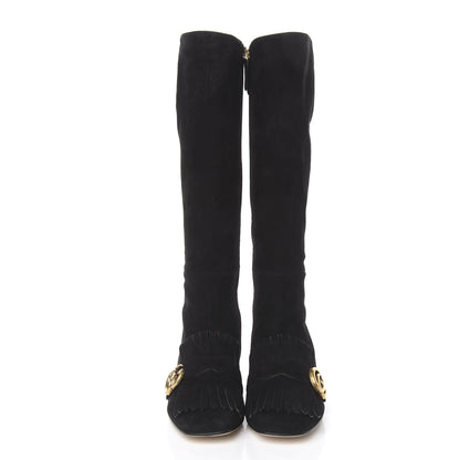 Gucci Kid Scamosciato Marmont Fringe Knee Boots 38.5 Black 2 of 7