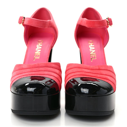 Chanel Patent Suede CC Platform Pumps 37.5 Dark Pink Black 2 of 9