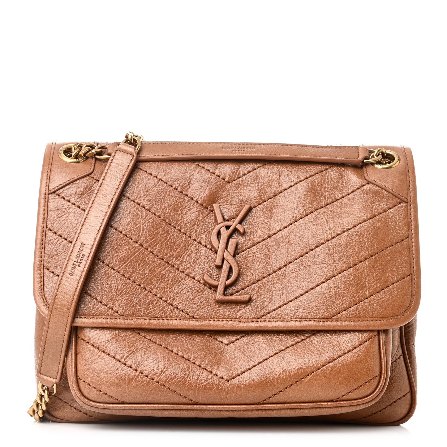 Crinkled Calfskin Matelasse Monogram Medium Niki Chain Satchel Light Burnt