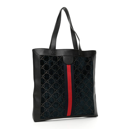 Gucci Velvet GG Monogram Textured Calfskin Web Large Ophidia Vertical Shopping Tote Blue Beige Black 3 of 11