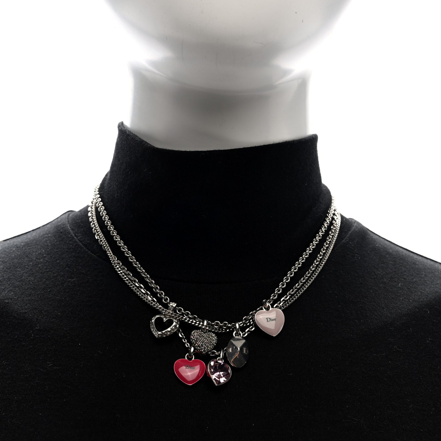 Metal Crystal Heart Charm Necklace Silver Pink