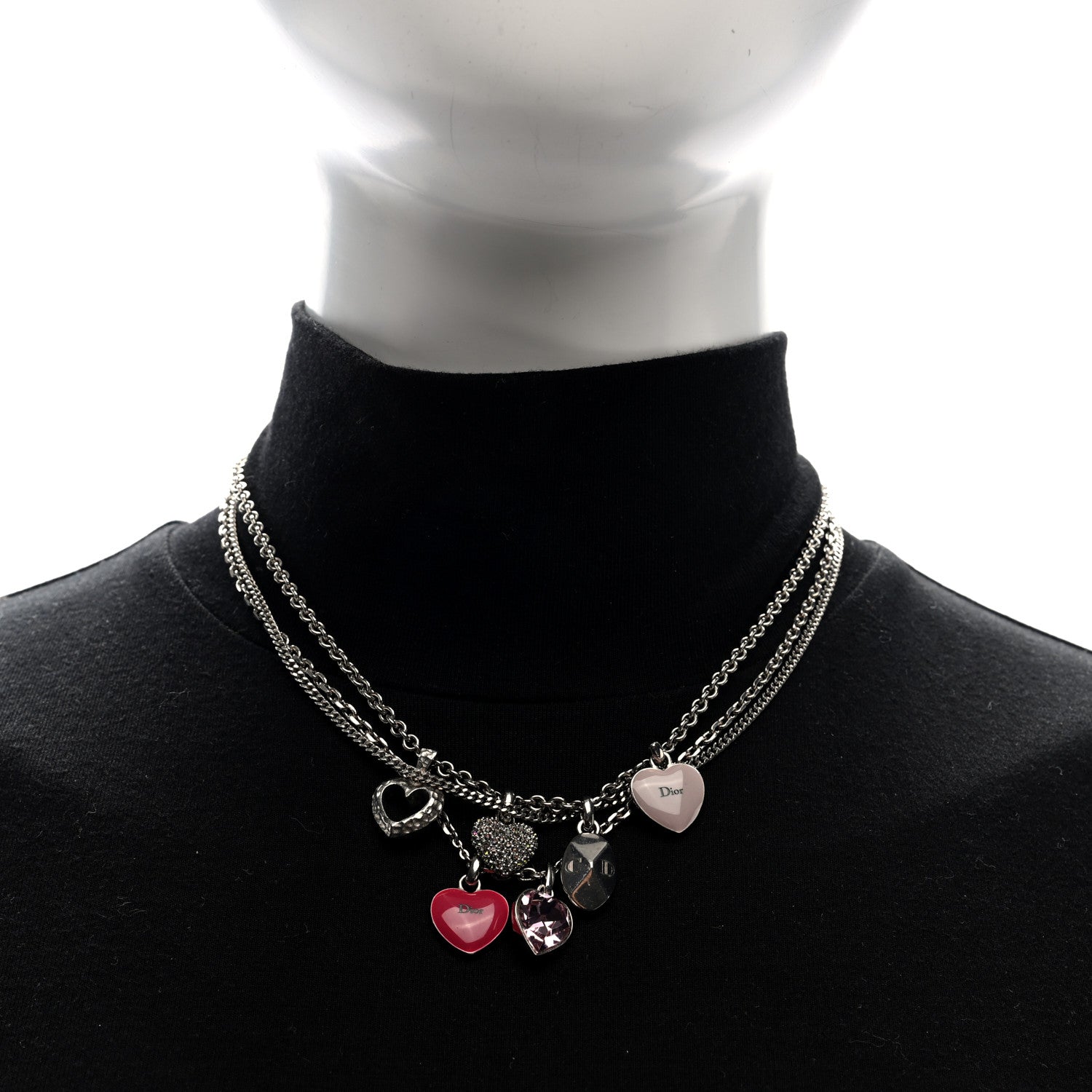 Christian Dior Metal Crystal Heart Charm Necklace Silver Pink 3 of 3