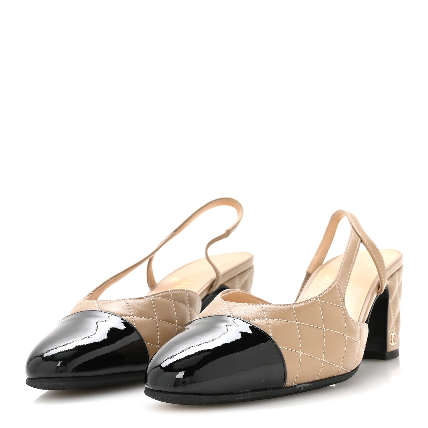 Lambskin Patent Calfskin Quilted Cap Toe CC Slingback Pumps 38.5 Beige Black