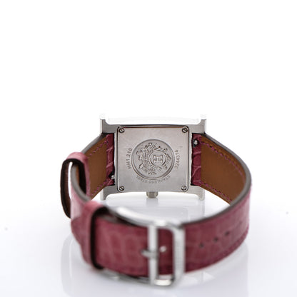 Hermes Stainless Steel Alligator Diamond Mother of Pearl 21mm Heure H Hour Quartz Watch Framboise 7 of 10