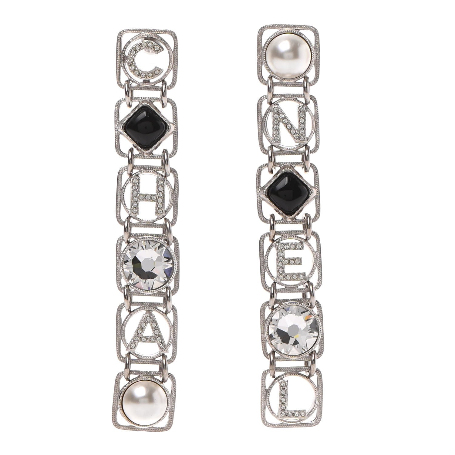 Chanel Crystal Pearl Resin Chanel Logo Drop Earrings Silver Pearly White Black 1 of 4