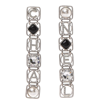 Chanel Crystal Pearl Resin Chanel Logo Drop Earrings Silver Pearly White Black 1 of 4