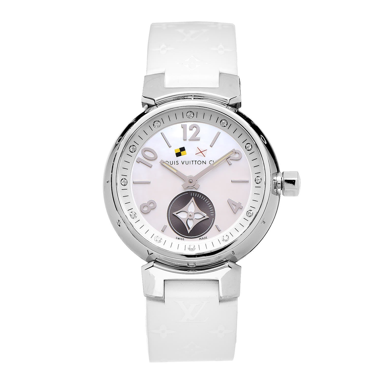 Louis Vuitton Stainless Steel Rubber Diamond Mother of Pearl 28mm Tambour Lovely Cup Quartz Watch 1 of 7