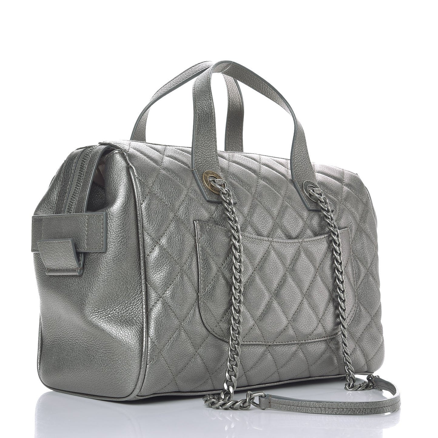Metallic Grained Calfskin Quilted Large Casual Pocket Bowling Bag Silver