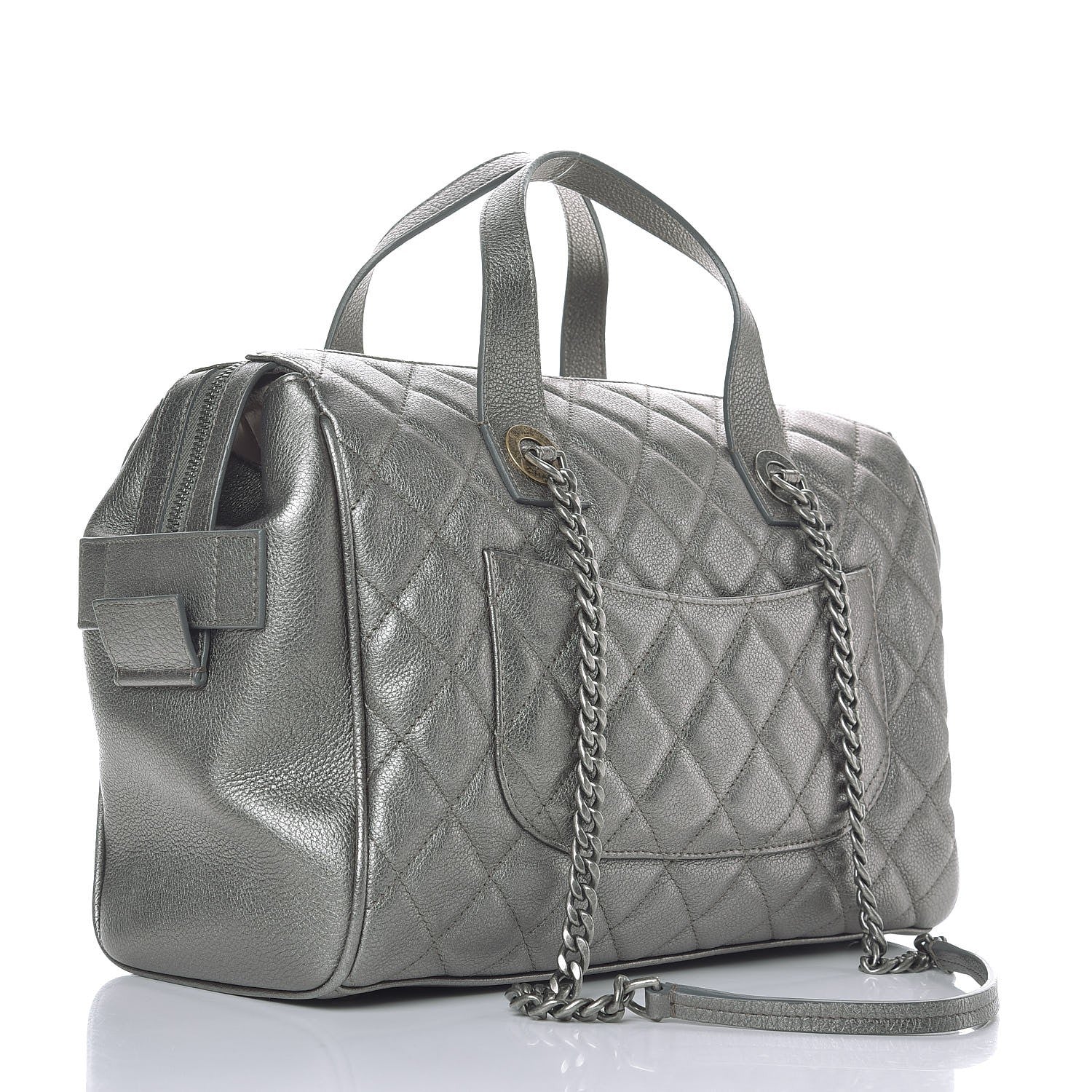 Chanel Metallic Grained Calfskin Quilted Large Casual Pocket Bowling Bag Silver 4 of 8