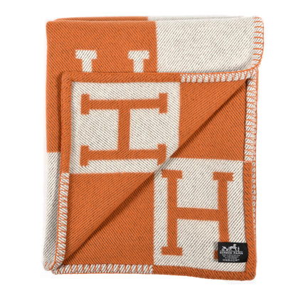 Hermes Wool Cashmere Signature Classic Avalon Blanket Ecru Potiron 2 of 3