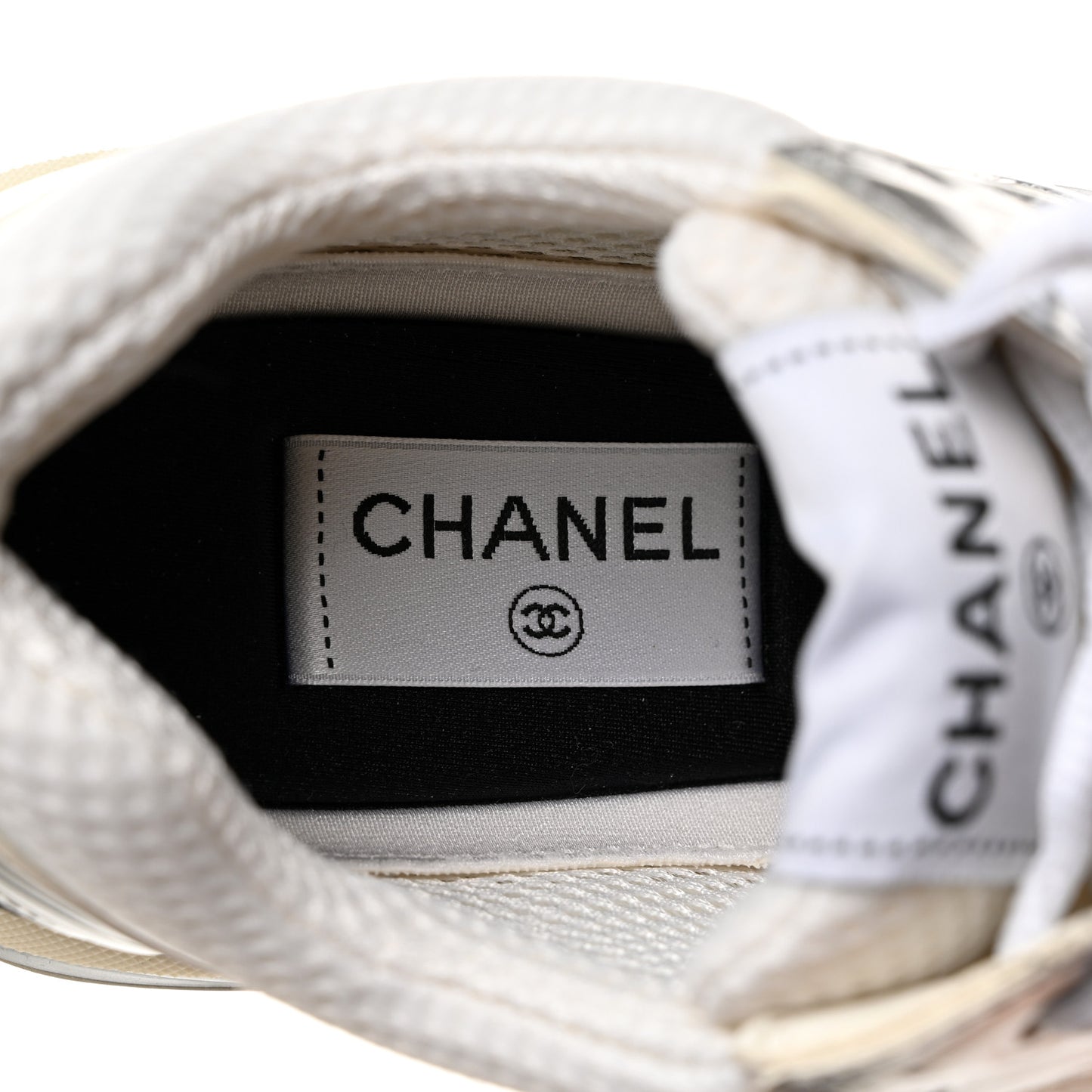 Fabric Laminated Calfskin Stretch CC Womens Sneakers 38 White Silver