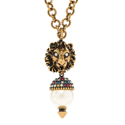Gucci Metal Crystal Pearl Lion Head Necklace Aged Gold 4 of 7