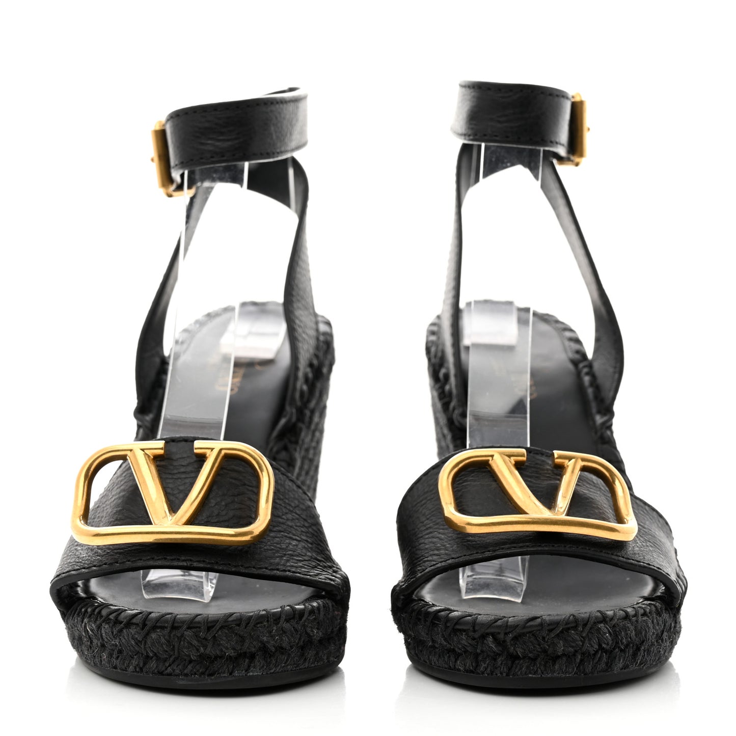 Grainy Cowhide VLogo Ankle Wrap Espadrille Wedge Sandals 37 Black