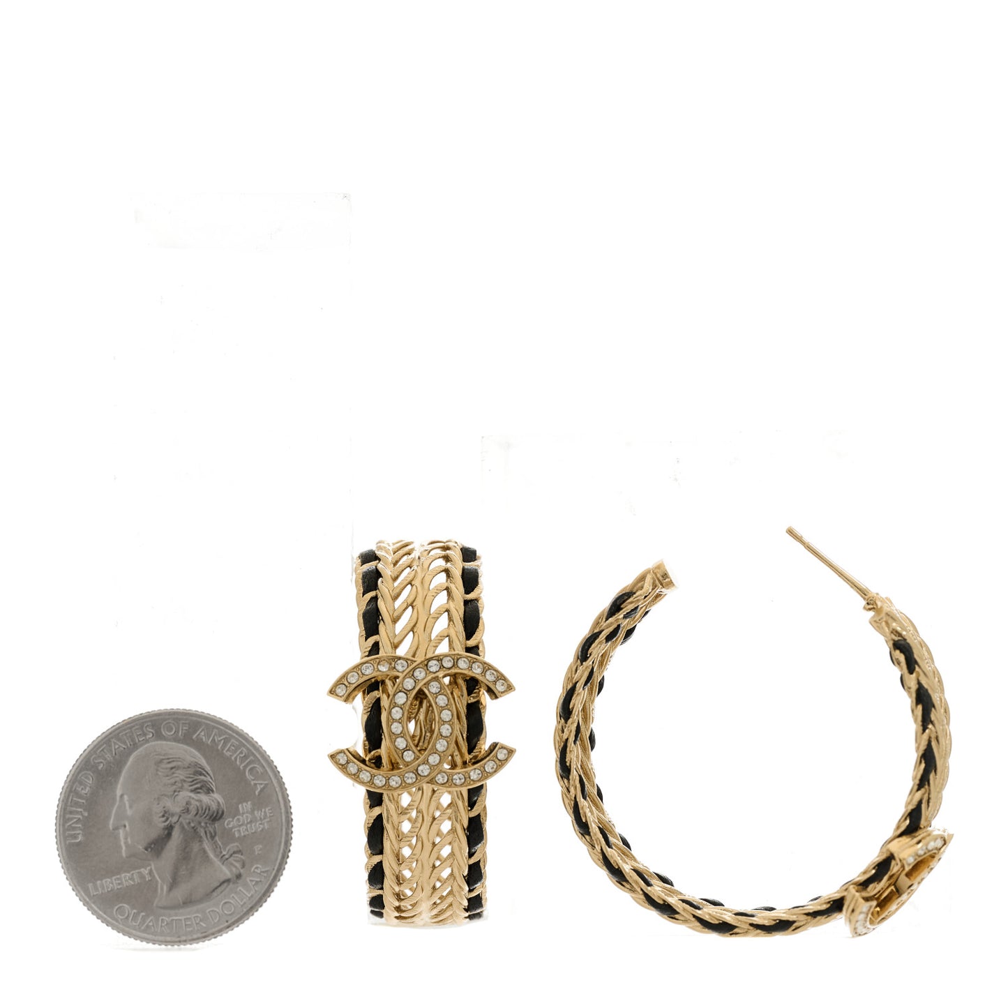 Crystal Lambskin CC Double Chain Hoop Earrings Gold Black