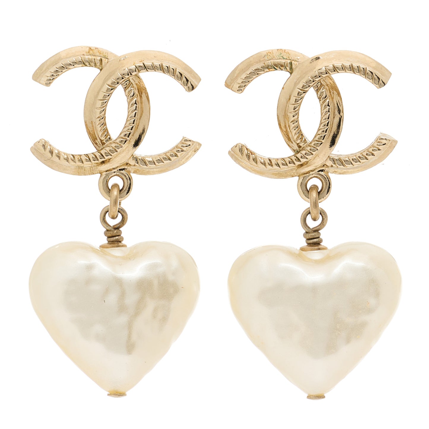 Pearl CC Heart Drop Earrings Gold