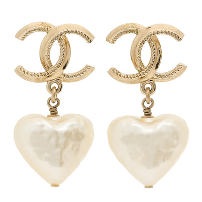 Chanel Pearl CC Heart Drop Earrings Gold 1 of 5