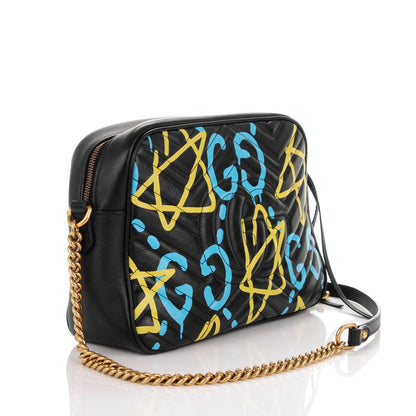 Gucci Calfskin Matelasse GucciGhost Medium GG Marmont Chain Shoulder Bag Black New Acquamarine 3 of 8