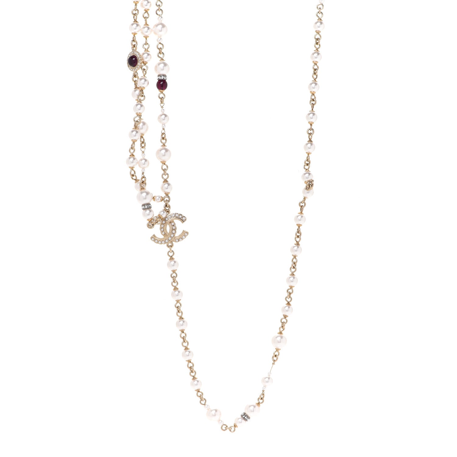 Chanel Crystal Pearl CC Long Multi Strand Necklace Red Gold 1 of 5