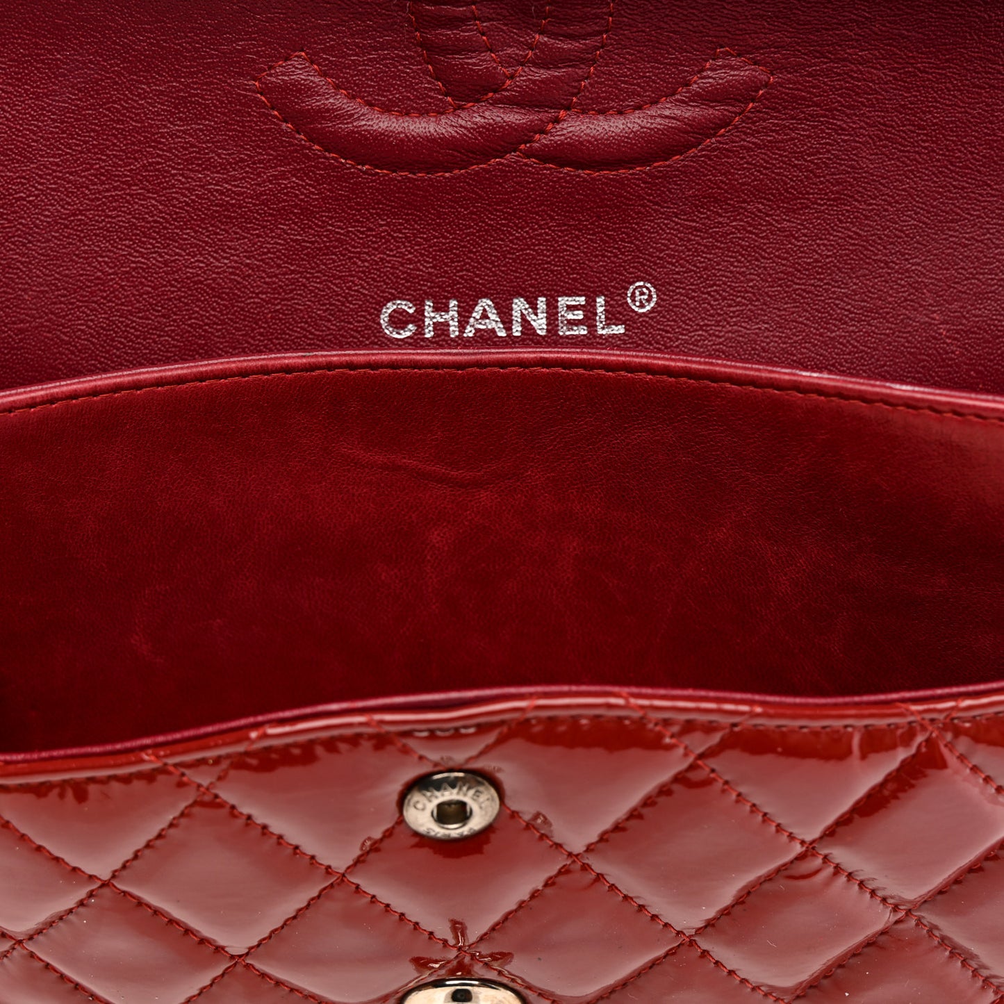 Patent Calfskin Quilted Medium Double Flap Dark Red