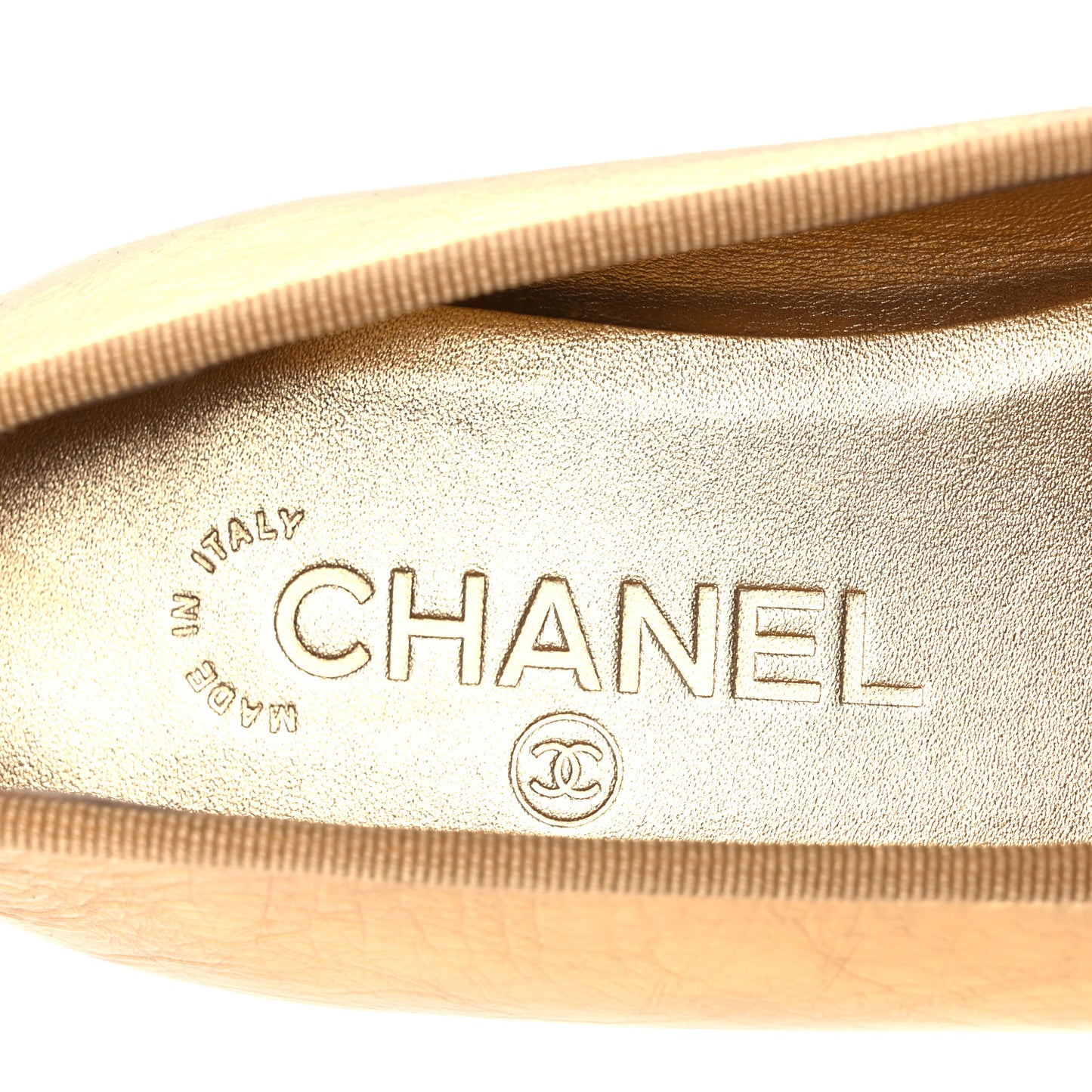 Laminated Crumpled Lambskin Grosgrain Cap Toe CC Ballerina Flats 37.5 Gold Black
