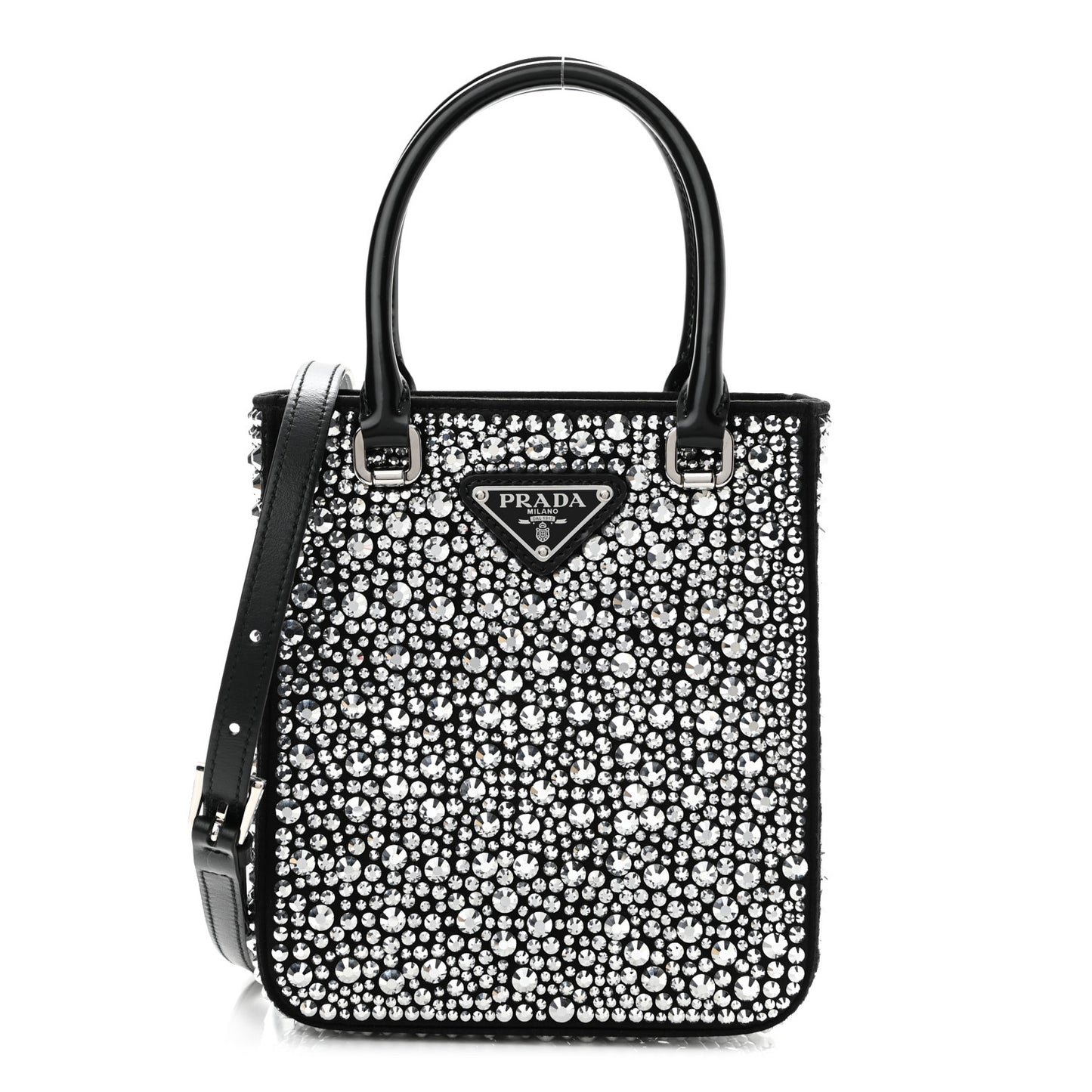 Satin Crystal Metal Triangle Logo Small Double Handle Crossbody Tote Metal