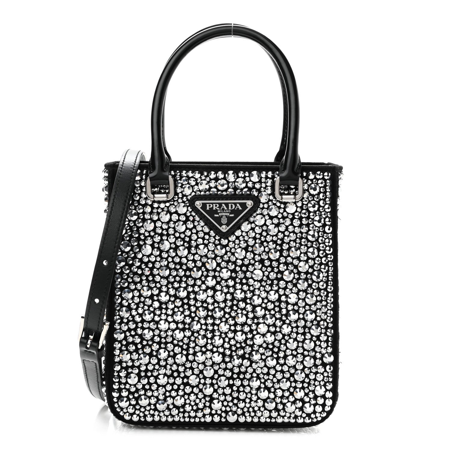 Prada Satin Crystal Metal Triangle Logo Small Double Handle Crossbody Tote Metal 1 of 10