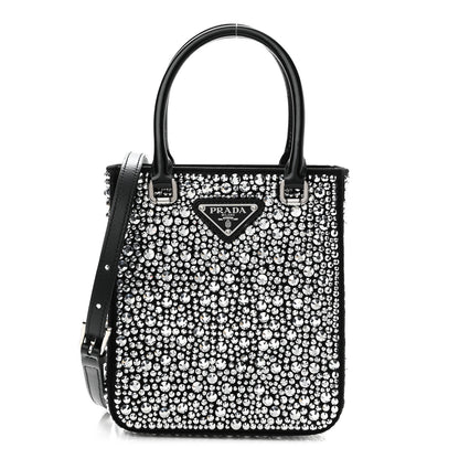 Prada Satin Crystal Metal Triangle Logo Small Double Handle Crossbody Tote Metal 1 of 10