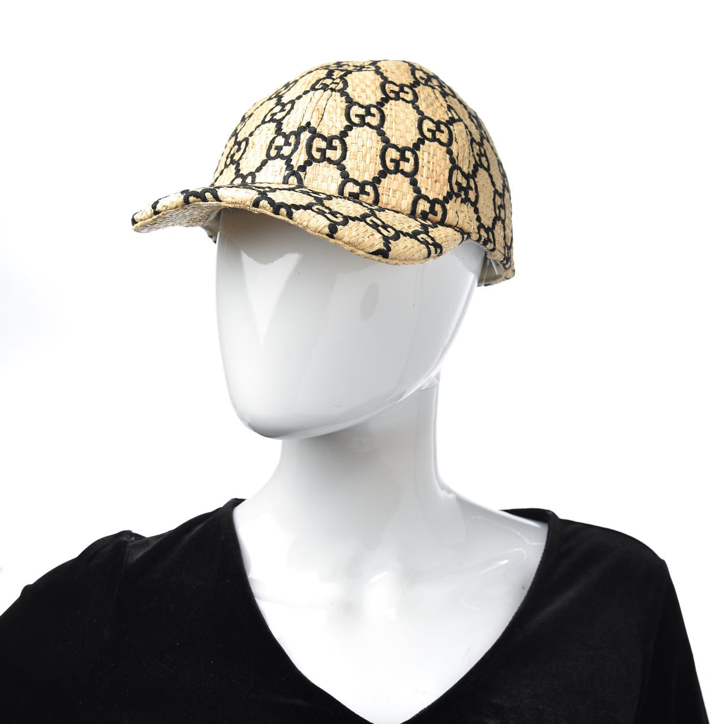 Raffia GG Monogram Elaphe Embroidered Aisha Baseball Hat M Ivory Black