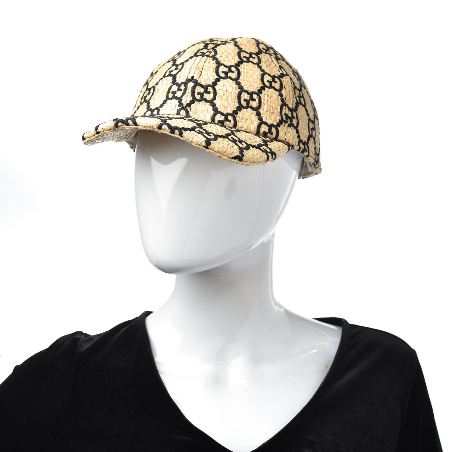 Gucci Raffia GG Monogram Elaphe Embroidered Aisha Baseball Hat M Ivory Black 2 of 7