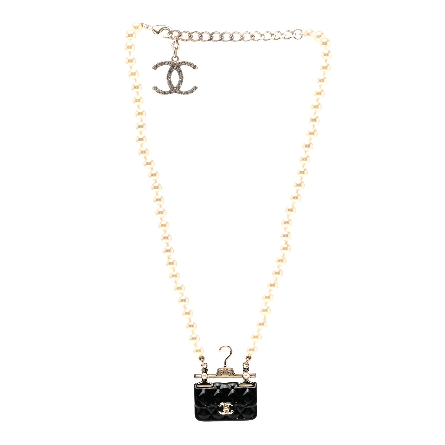 Chanel Pearl Metal Resin Quilted Flap Bag Necklace Gold Black Pearly White 3 of 7