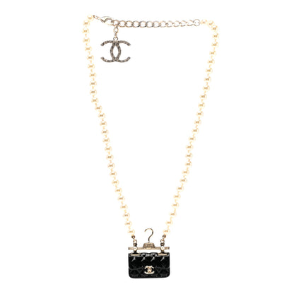 Chanel Pearl Metal Resin Quilted Flap Bag Necklace Gold Black Pearly White 3 of 7