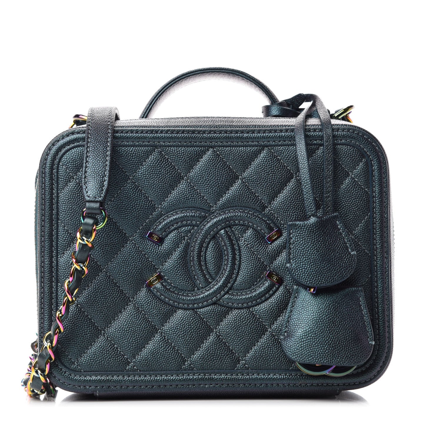 Iridescent Caviar Quilted Medium CC Filigree Vanity Case Dark Turquoise